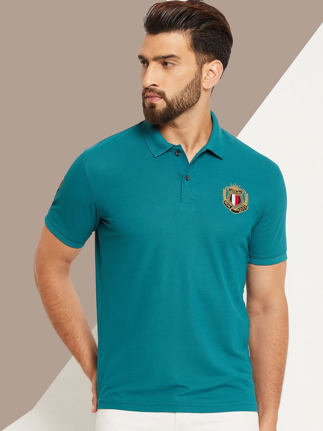 

OGEN Men Polo Collar Applique T-shirt, Teal