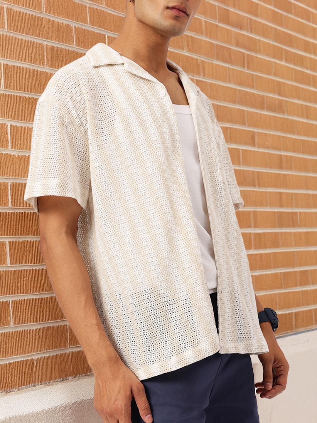 

Kook N Keech Textured Motion Self Striped Crochet Relaxed Fit Shirt, White