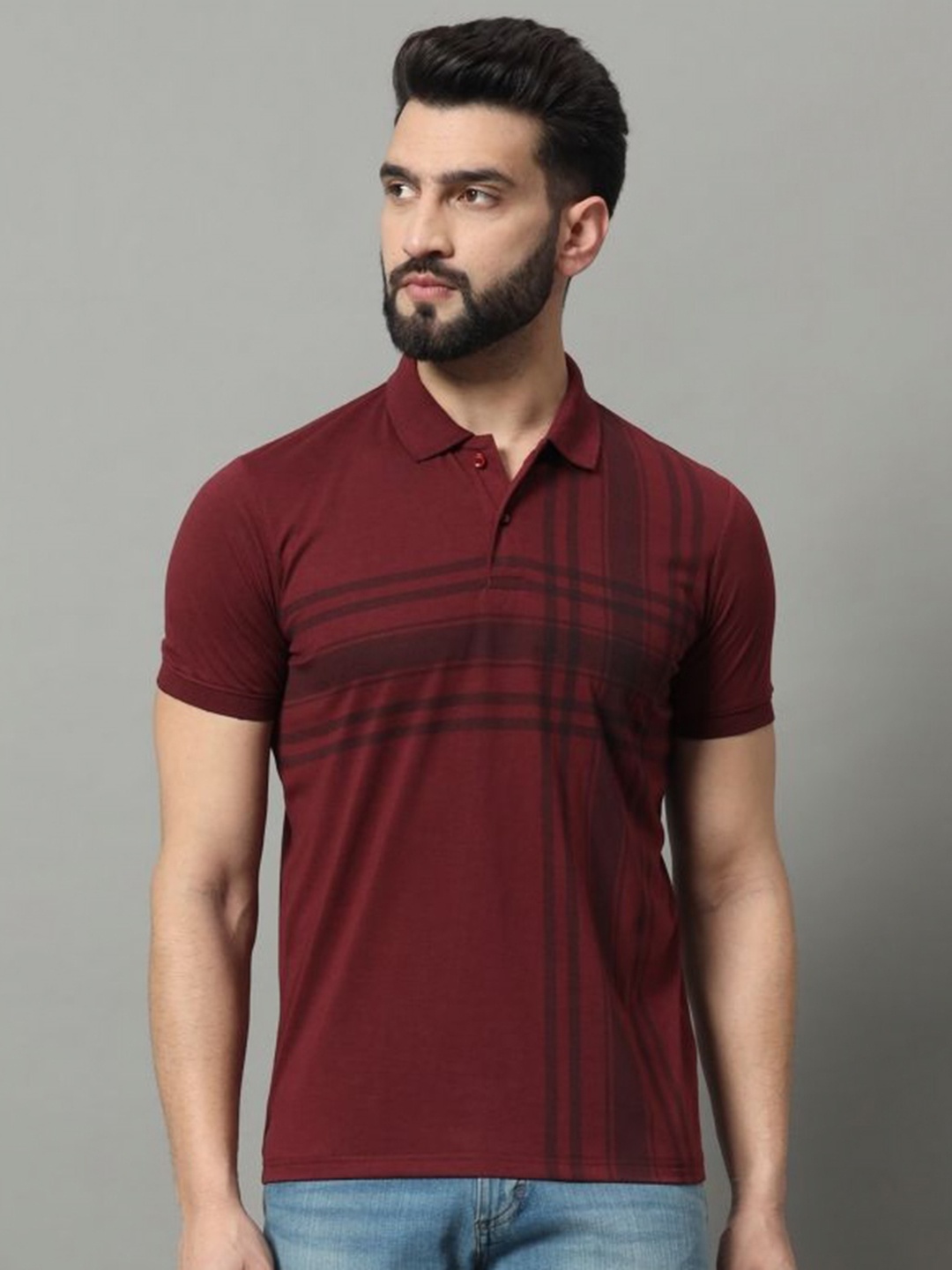 

OGEN Men Printed Polo Collar Pockets T-shirt, Maroon