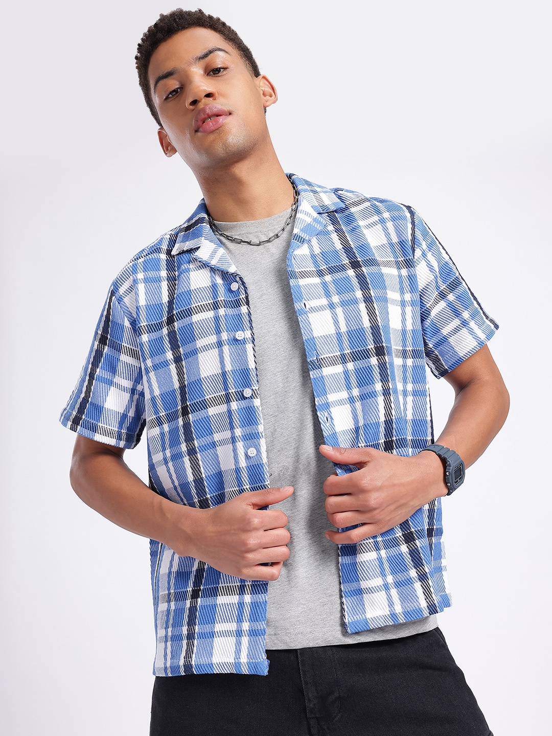 

glitchez Timeless Tartans Cuban Collar Relaxed Fit Shirt with Textured Detail, Blue