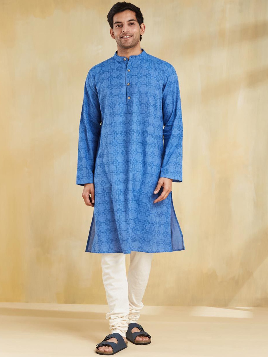 

Fabindia Ethnic Motifs Printed Pure Cotton Mandarin Collar Straight Kurta, Blue
