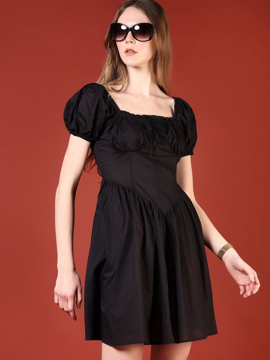 

V-Mart Puff Sleeve Fit & Flare Dress, Black