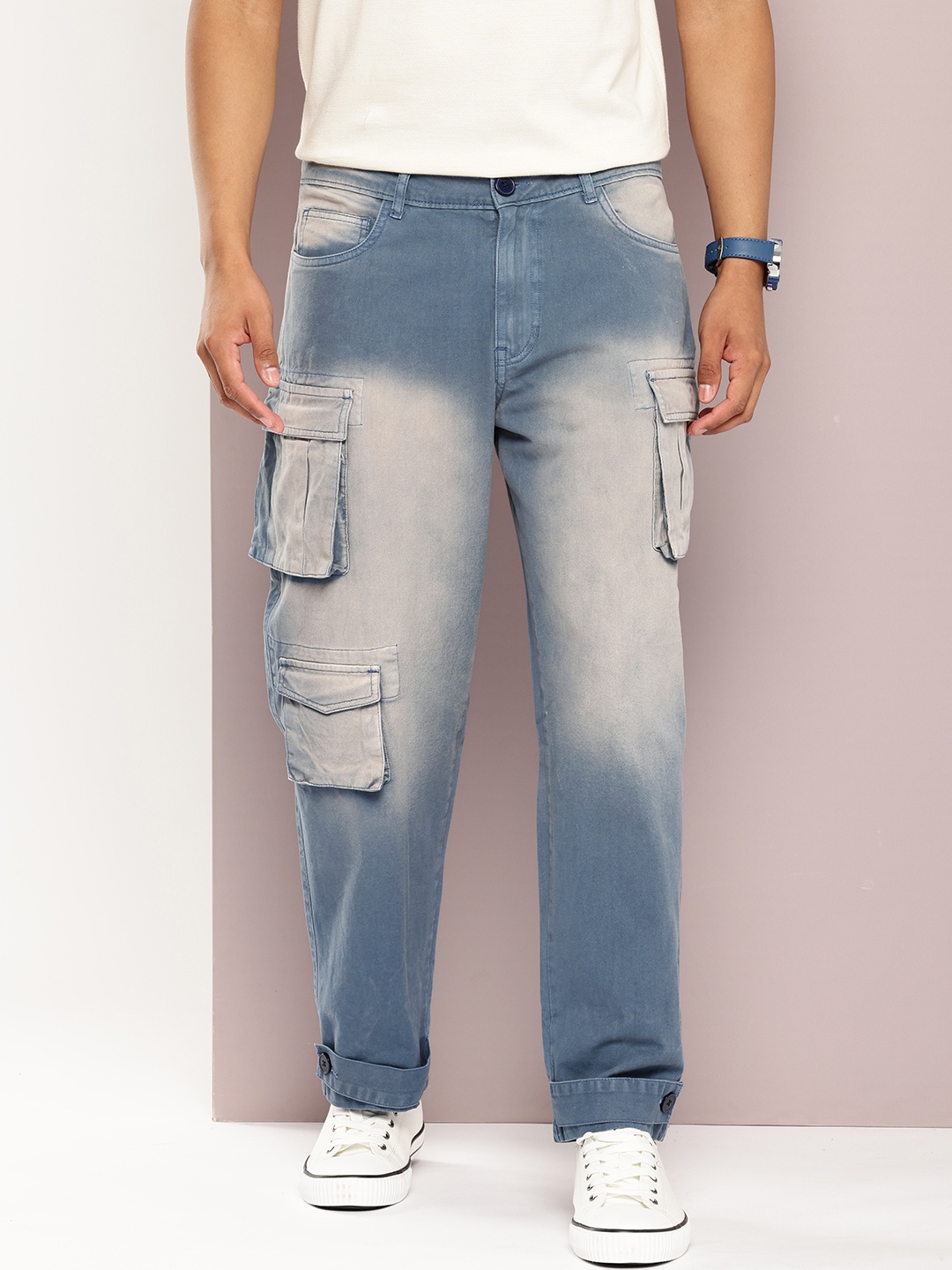 

Kook N Keech Men Tie and Dye Straight Fit Pure Cotton Cargos Trousers, Blue