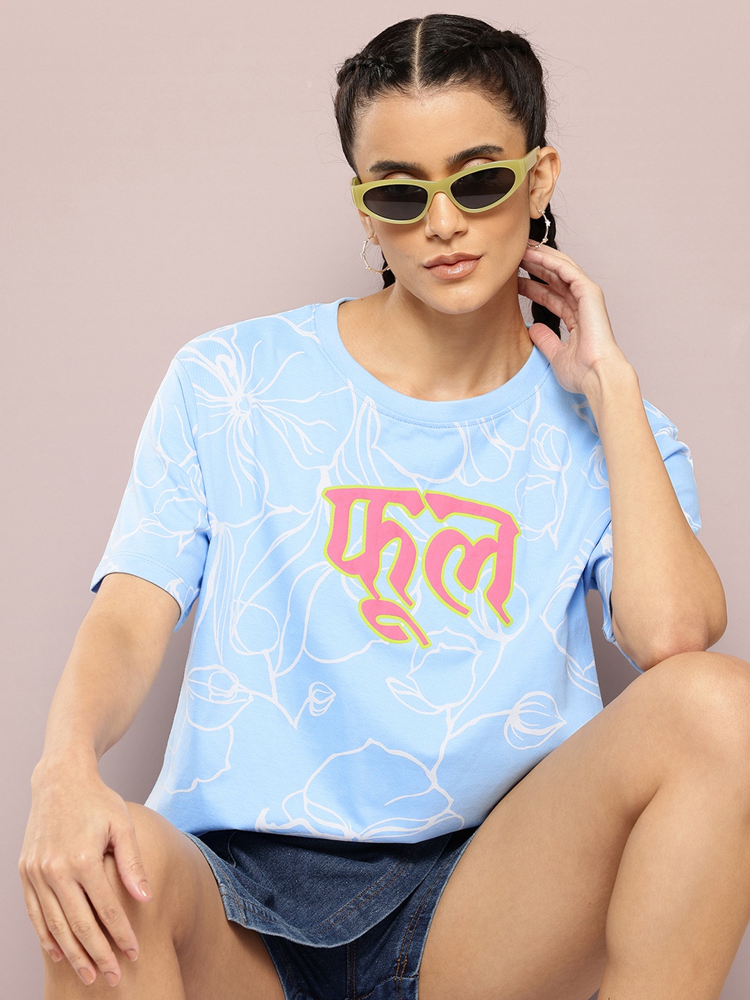 

Kook N Keech Floral & Typography Print Pure Cotton Oversized T-shirt, Blue