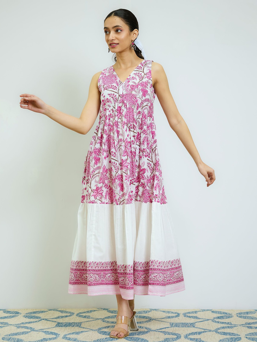 

Rustorange Women Sanganeri Printed Cotton Tier Dress, Pink