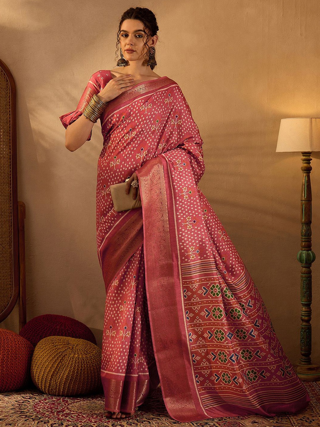 

Anouk Rustic Ethnic Motifs Zari Silk Blend Sungudi Saree, Pink