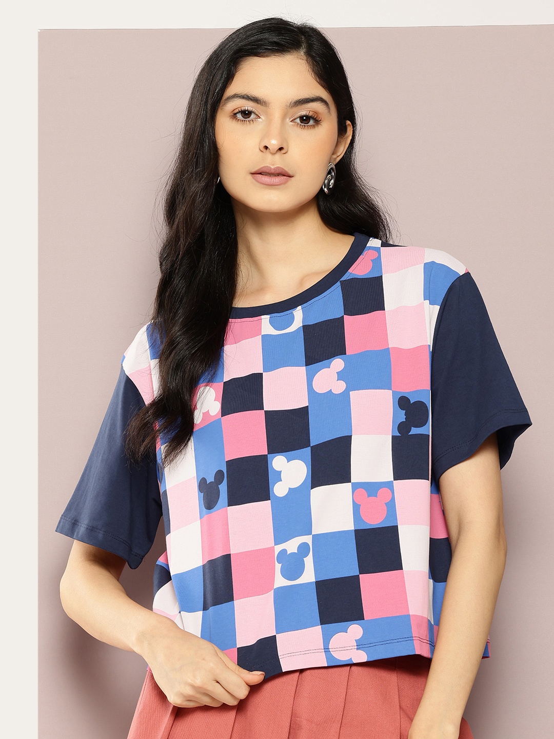 

Kook N Keech Disney Mickey Mouse Print Checked Pure Cotton Boxy T-shirt, Blue