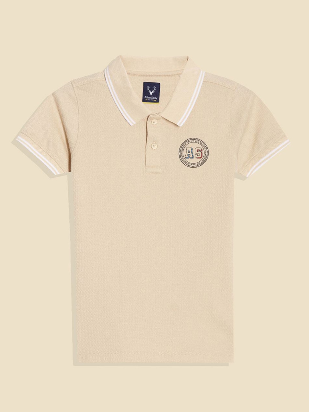 

Allen Solly Junior Boys Printed Polo Collar Applique T-shirt, Beige