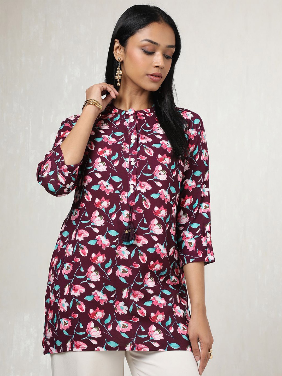 

Soch Mandarin Collar Printed Tunic, Purple