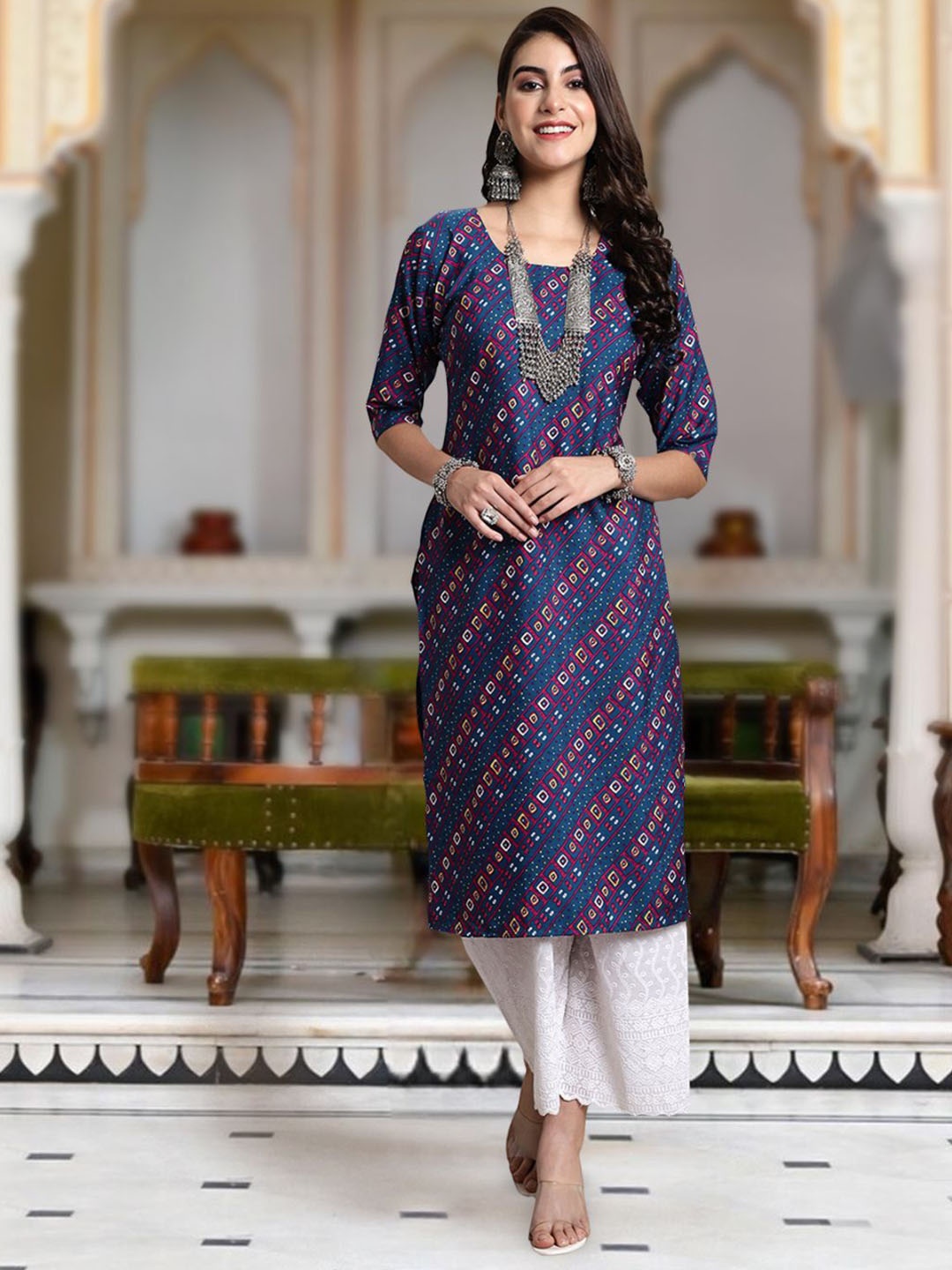 

Moda Rapido Geometric Printed Round Neck Straight Kurta, Navy blue