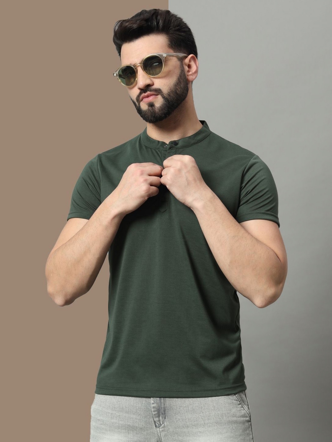 

OGEN Men Mandarin Collar Pockets T-shirt, Olive