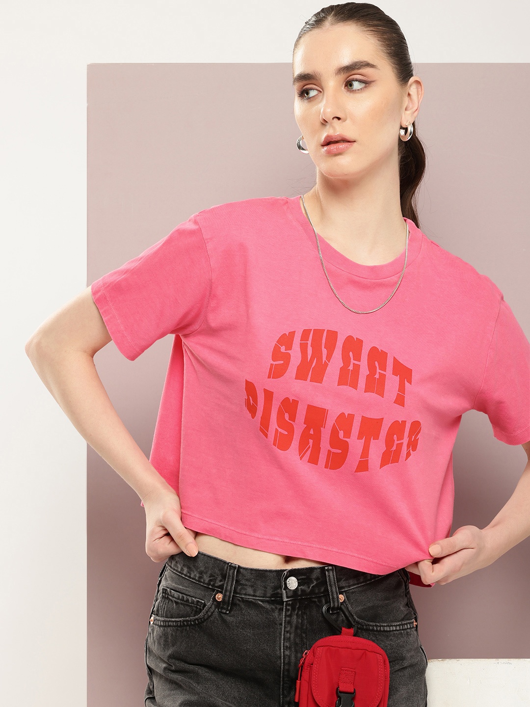 

Kook N Keech Typography Printed Washed Effect Boxy Pure Cotton Crop T-shirt, Pink