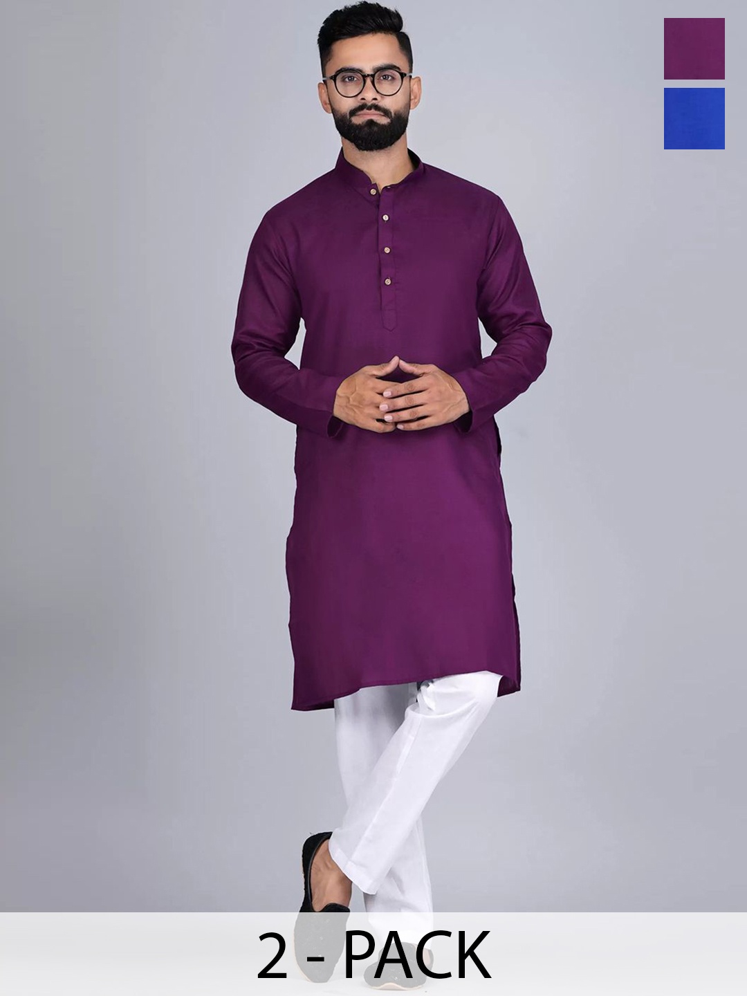 

Moda Rapido Set Of 2 Mandarin Collar Cotton Straight Kurtas, Purple