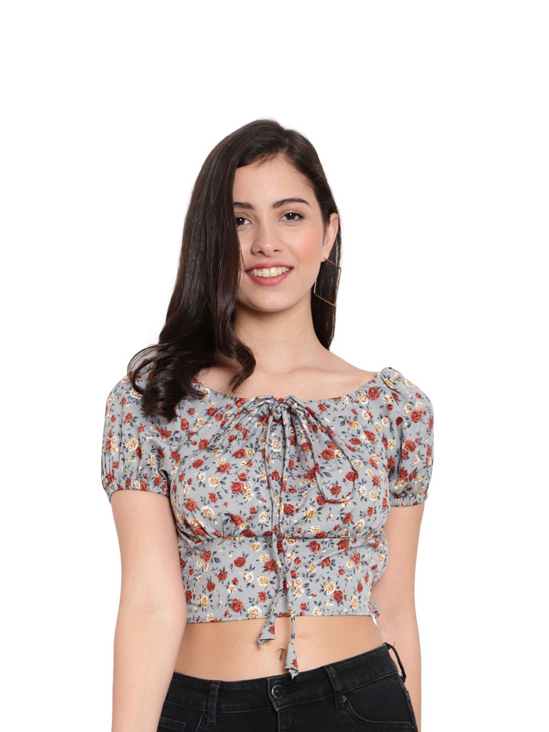 

PYRAMID FASHIONS Floral Print Puff Sleeve Crepe Styled Back Top, Grey