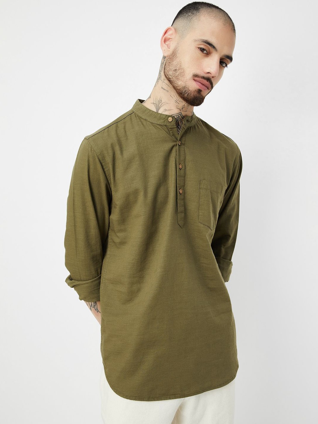 

max Band Collar Cotton Short Kurta, Green