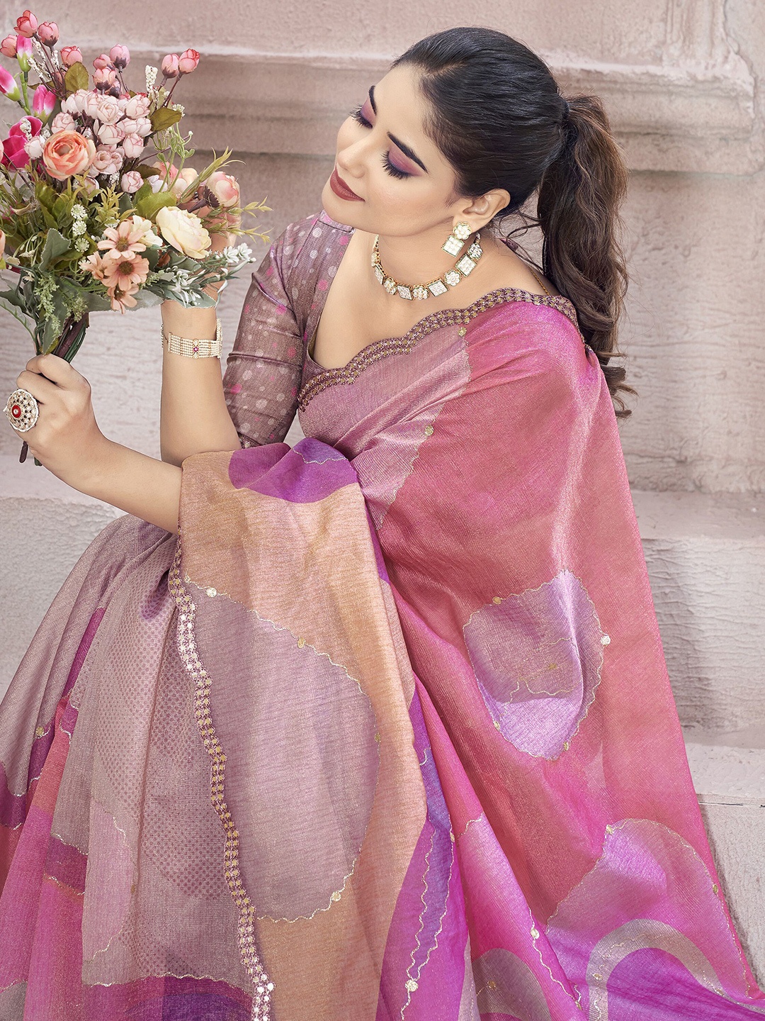 

TASRIKA Mirror Work Tissue Saree, Pink