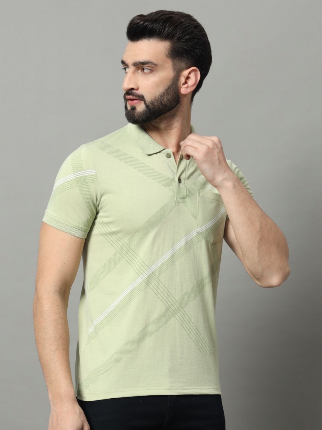

OGEN Men Printed Polo Collar Raw Edge T-shirt, Sea green