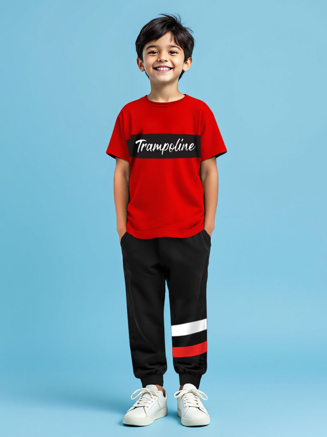 

YK X Trampoline Kids Graphic Printed Round Neck T-Shirt With Jogger, Red
