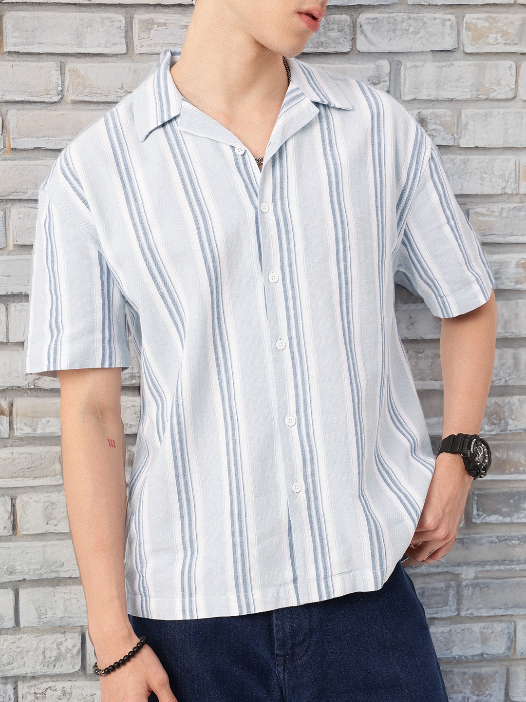 

Kook N Keech Urban Cool Striped Knitted Relaxed Fit Shirt, Blue