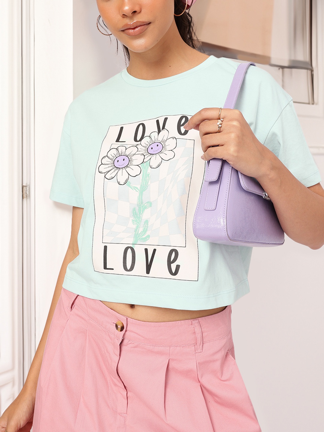 

DressBerry Enchanted Evening Graphic Print Boxy Crop T-shirt, Blue