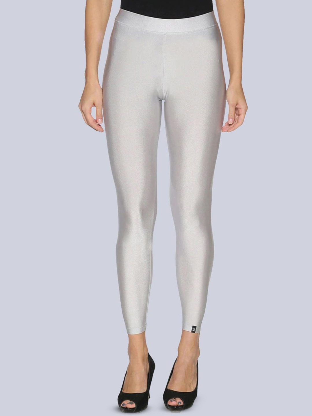 

TWIN BIRDS Women Nylon Solid Silver Shimmer Leggings