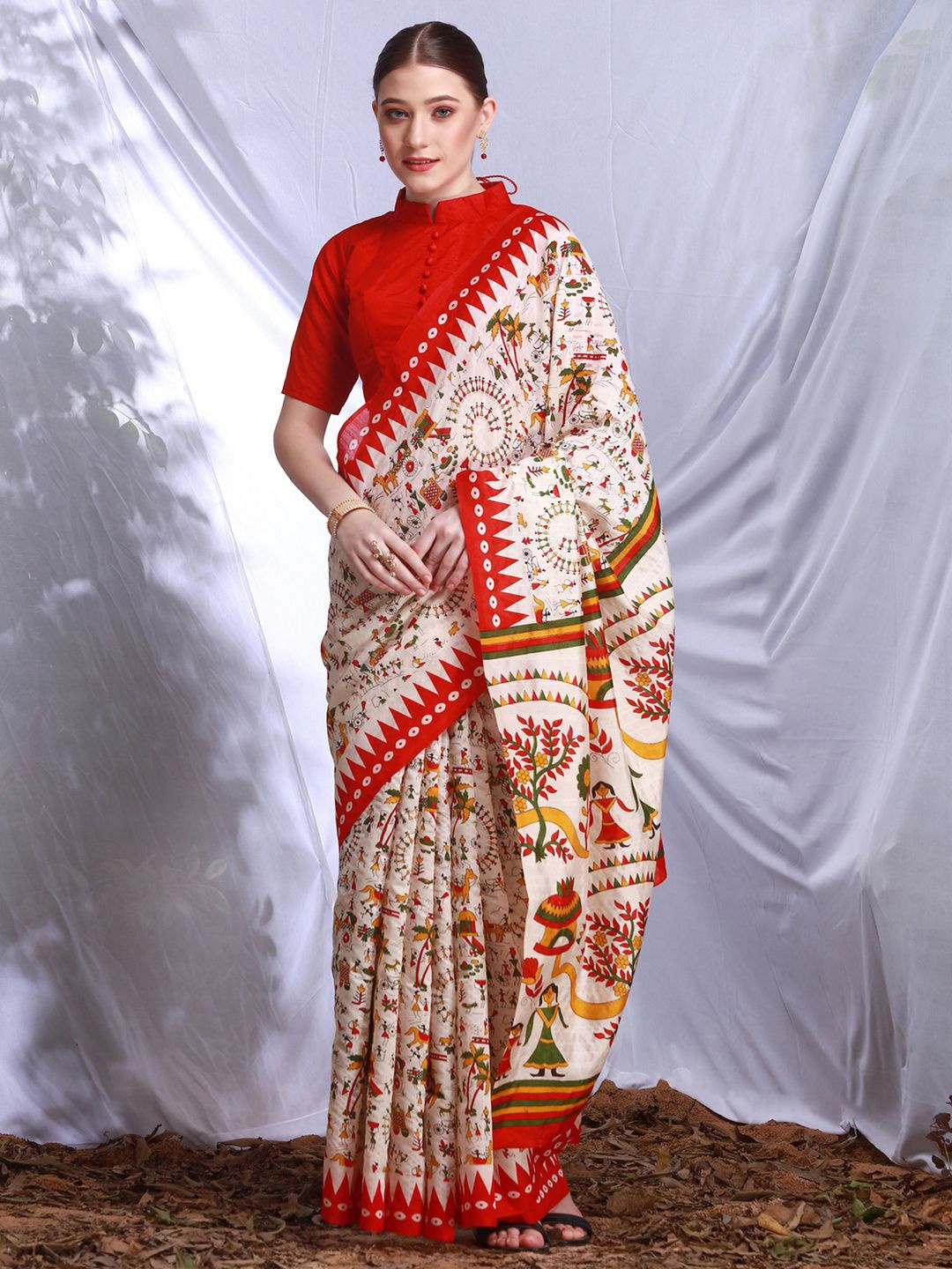 

Anouk Rustic Warli Silk Blend Dabu Saree, Cream