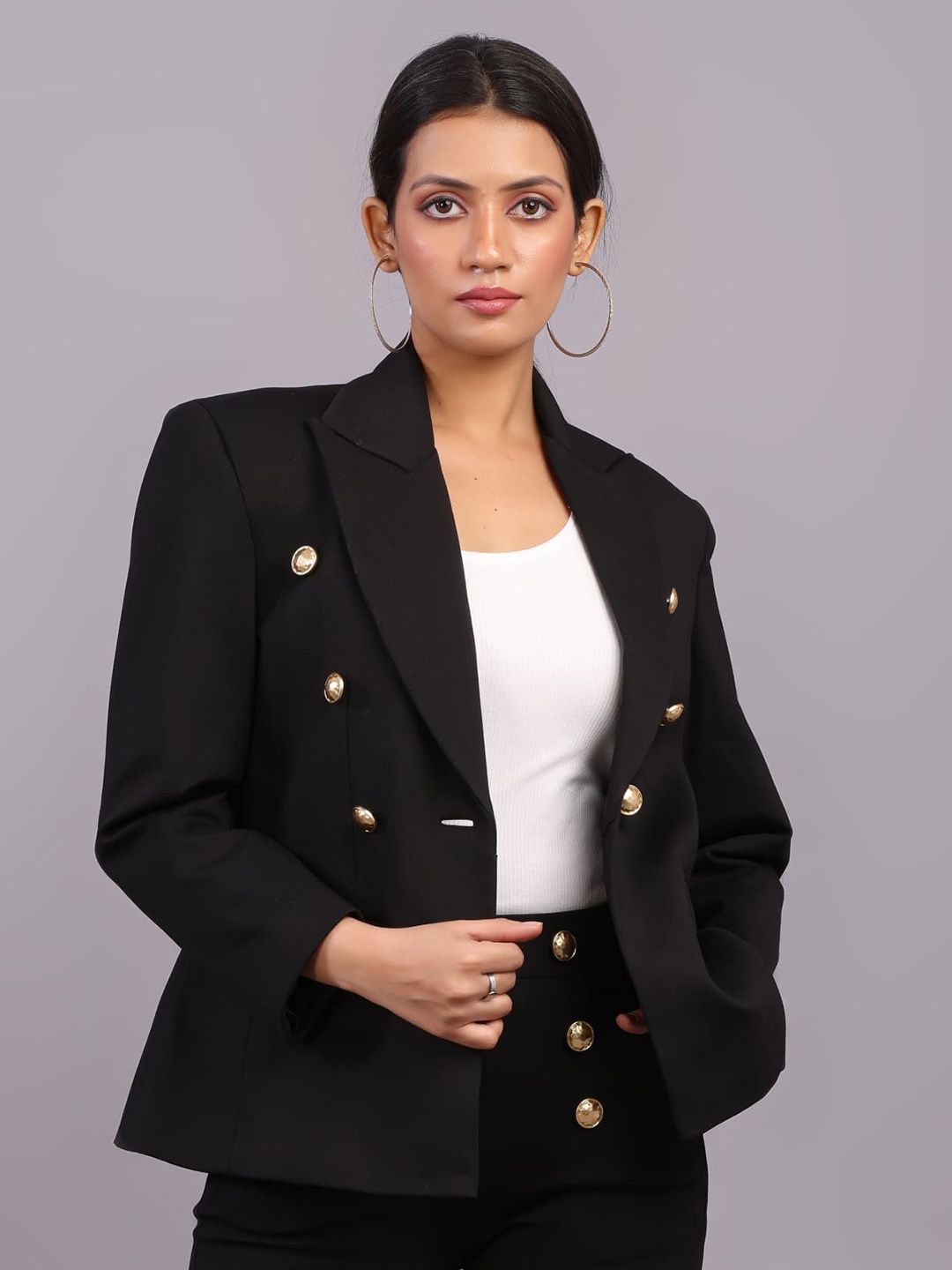 

HIGH BUY Notched Lapel Collar Single Breasted Tencel Blazer, Black