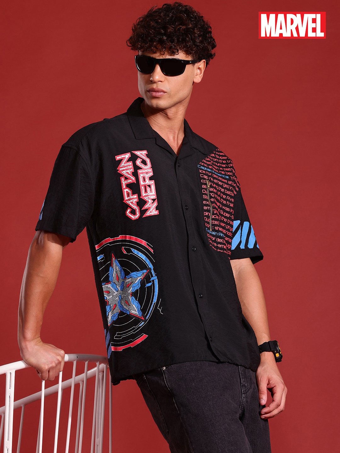 

MARVEL STREET Cyber Punk Superhero Crinkle Effect Toggle Detail Shirt, Black