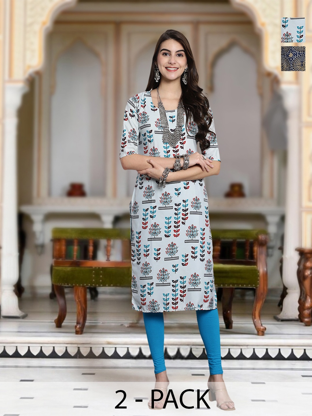 

Moda Rapido Selection Of 2 Floral Printed Round Neck Straight Kurta, Grey