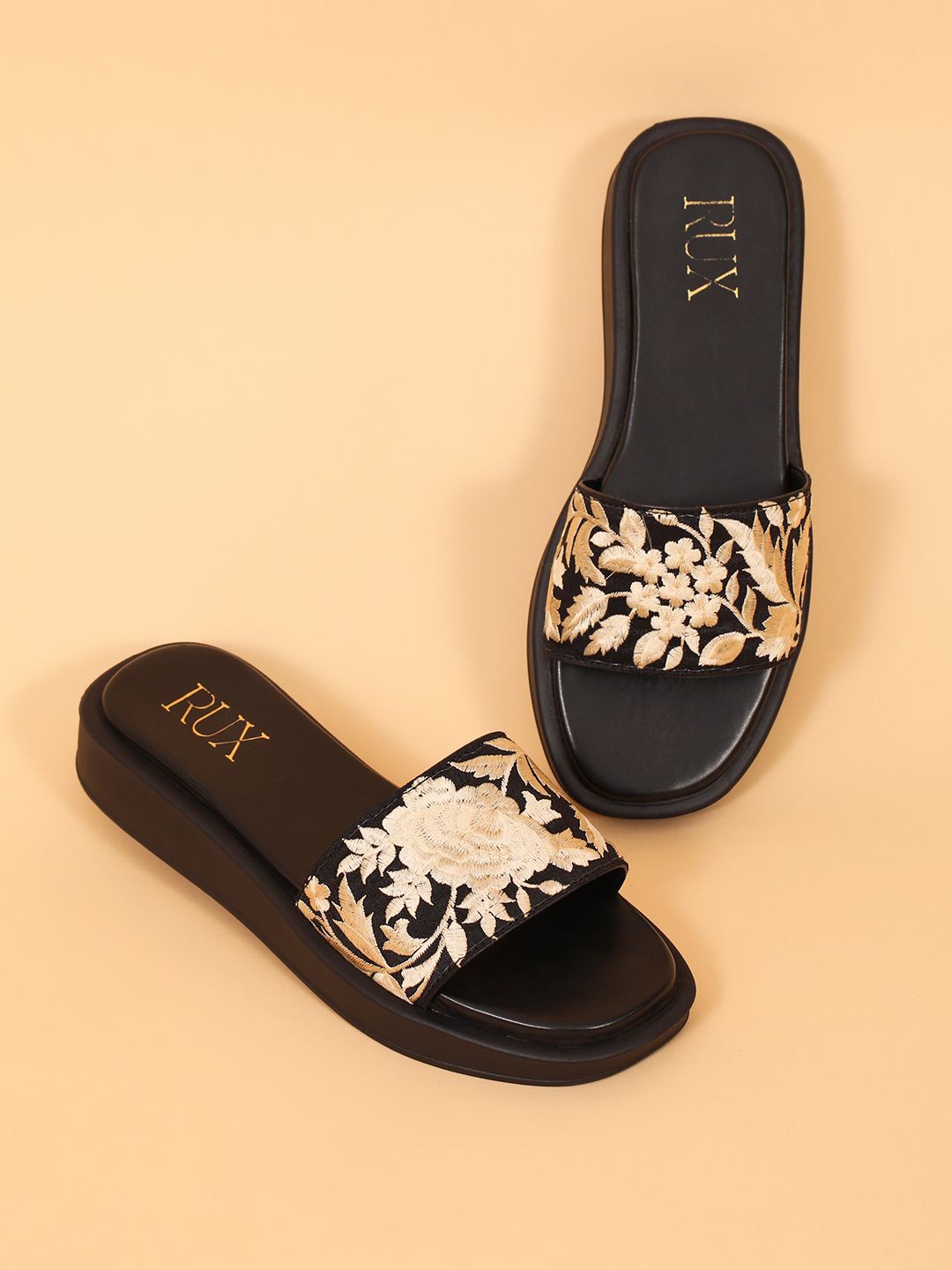 

RUXBYPAYAL Women Embellished Open Toe Flats with Embroidered, Black