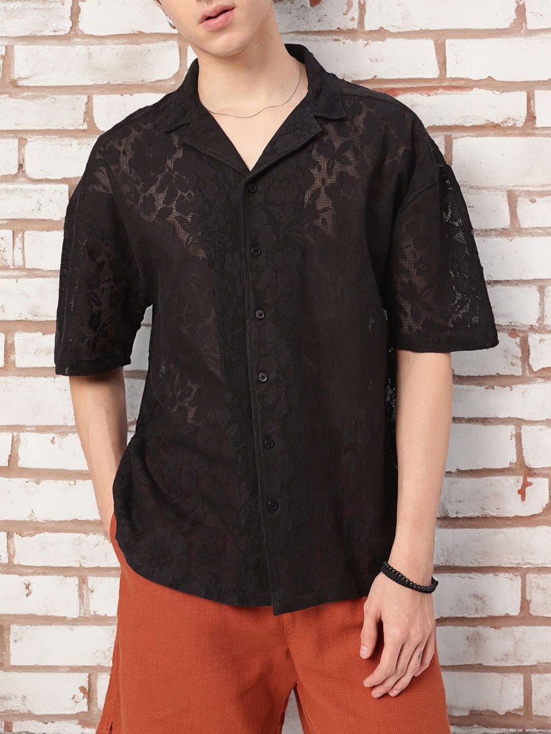 

Kook N Keech Evoke Vacanza Mode Knitted Oversized Fit Sheer Shirts, Black