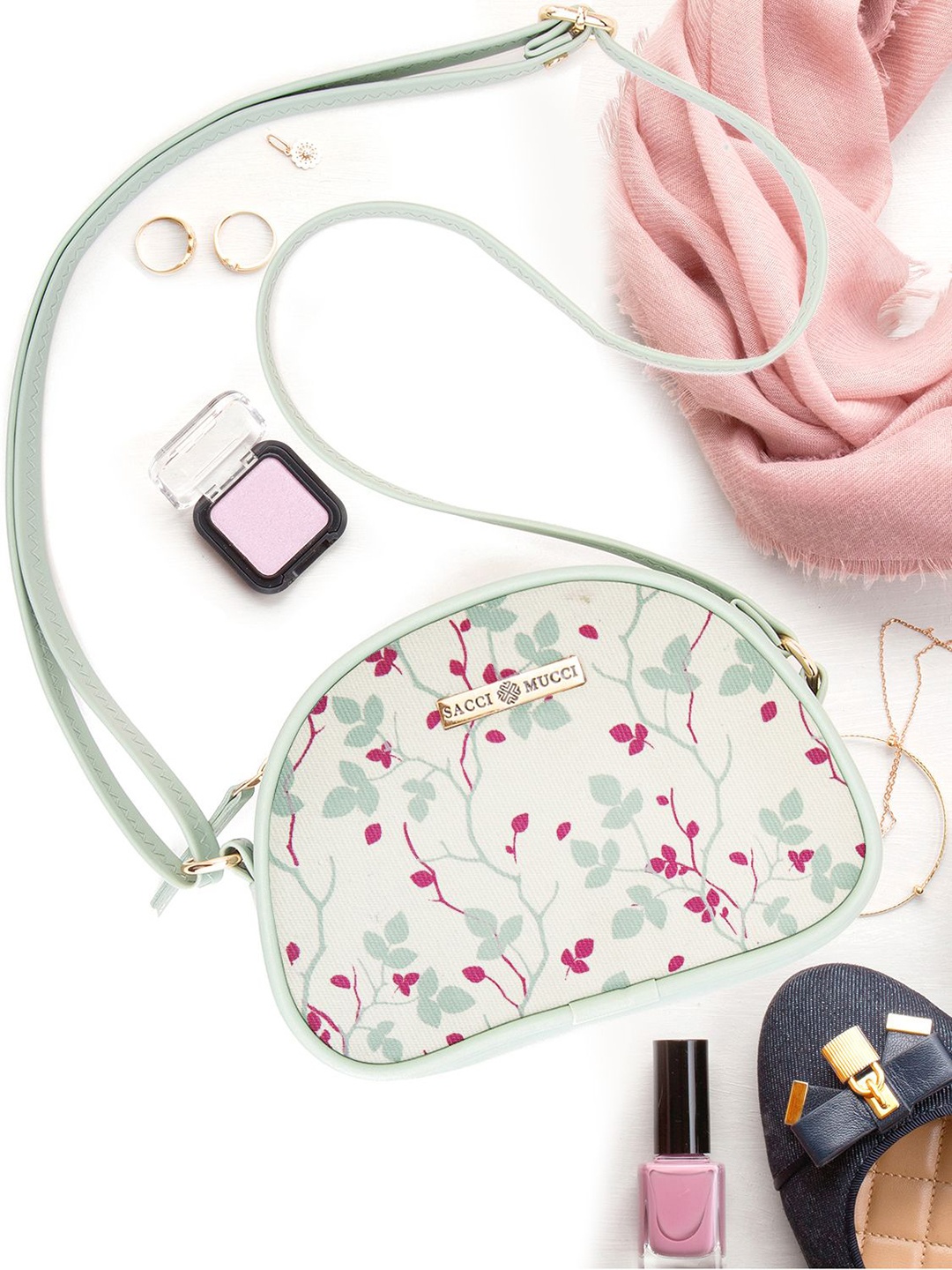 

Sacci Mucci Floral Printed Sling Bag with Cut Work, Sea green