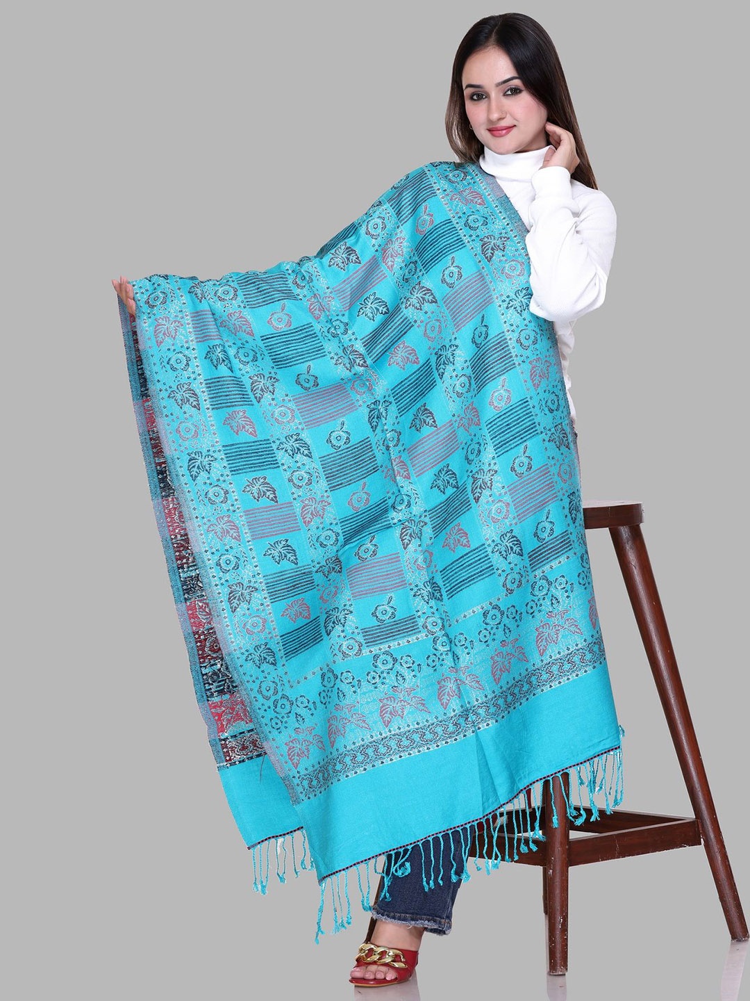 

Tones-N-Shades Floral Woven Design Stole, Blue