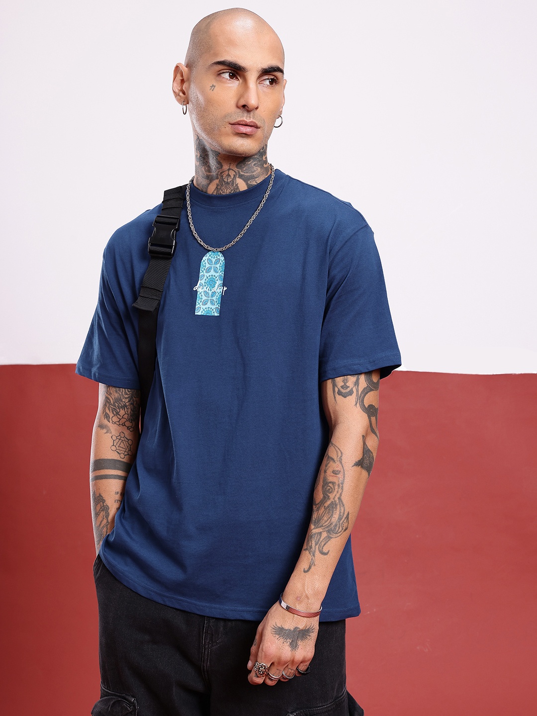 

glitchez Street Minimal Core Printed Oversized T-shirt, Navy blue
