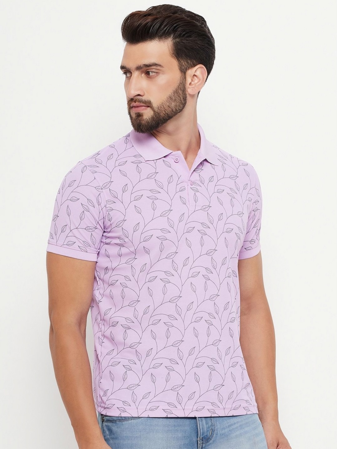 

OGEN Men Printed Polo Collar Pockets T-shirt, Lavender