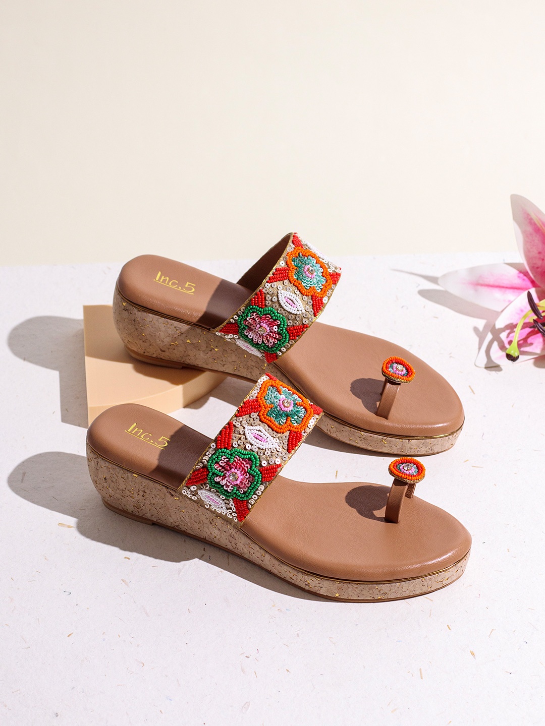 

Inc 5 Embellished Ethnic Wedge Sandals, Beige