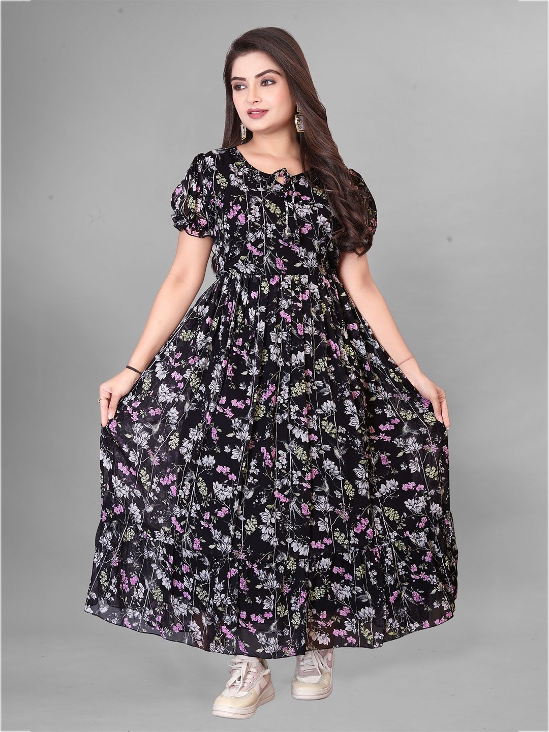 

KRISHTI CREATION Floral Print Puff Sleeve Georgette Fit & Flare Maxi Dress, Black