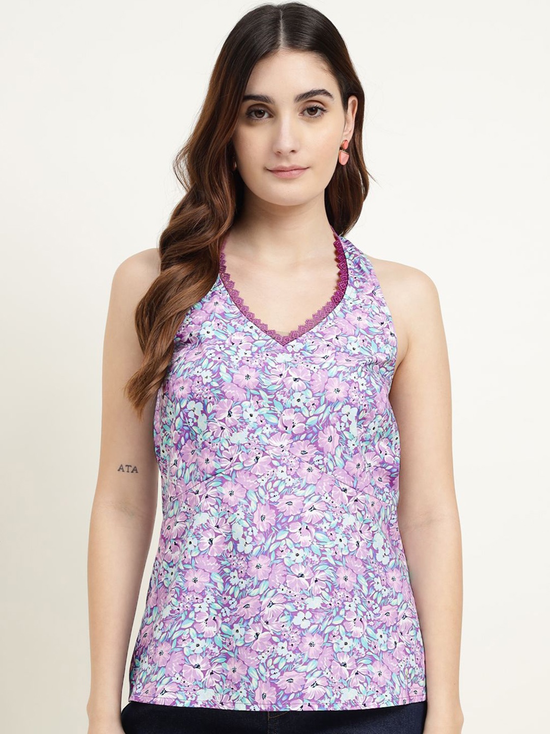 

Ranng Women Label Cotton Visccose Top Shirt with Prints, Purple