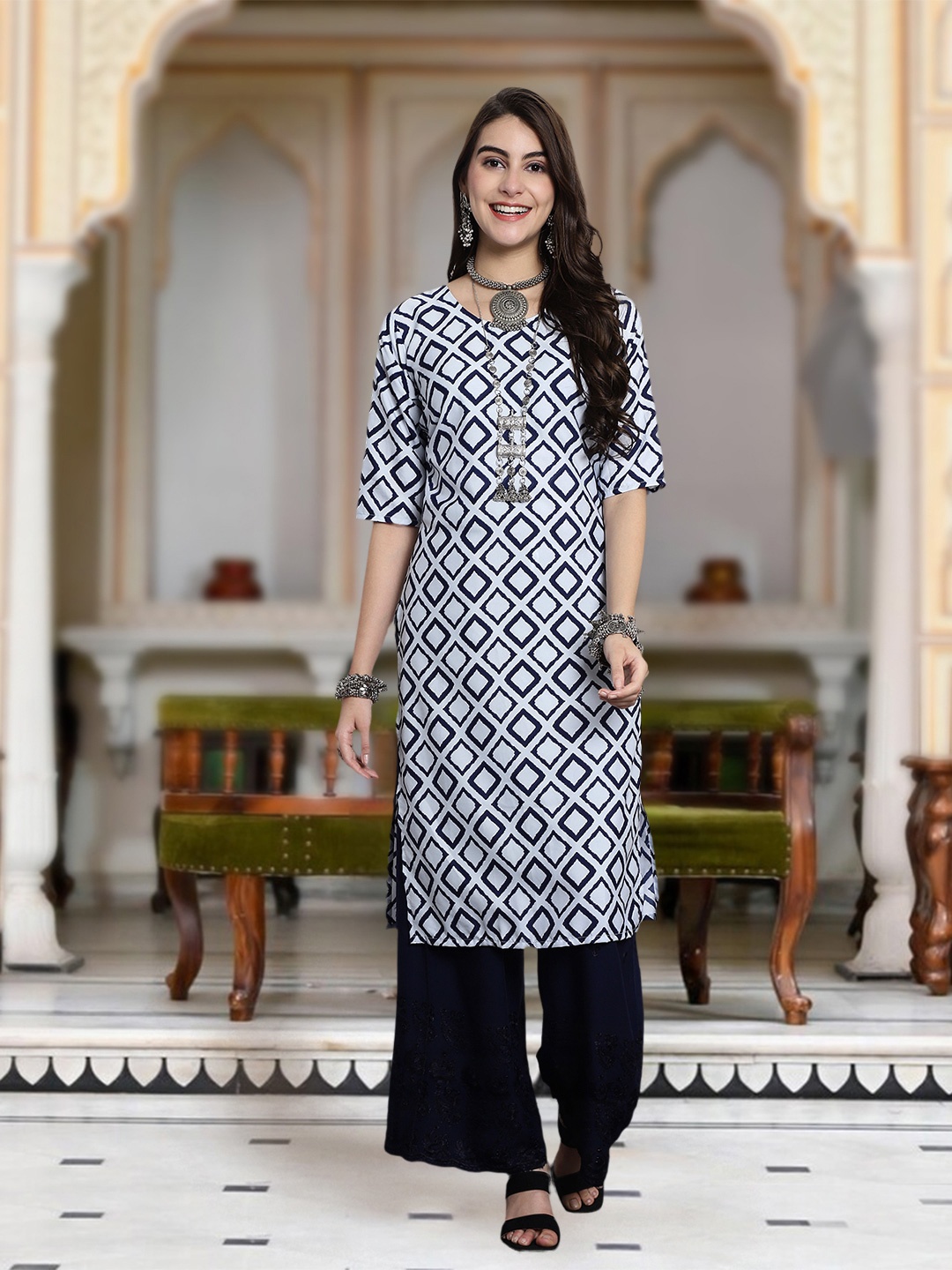 

Moda Rapido Geometric Printed Round Neck Straight Kurta, White