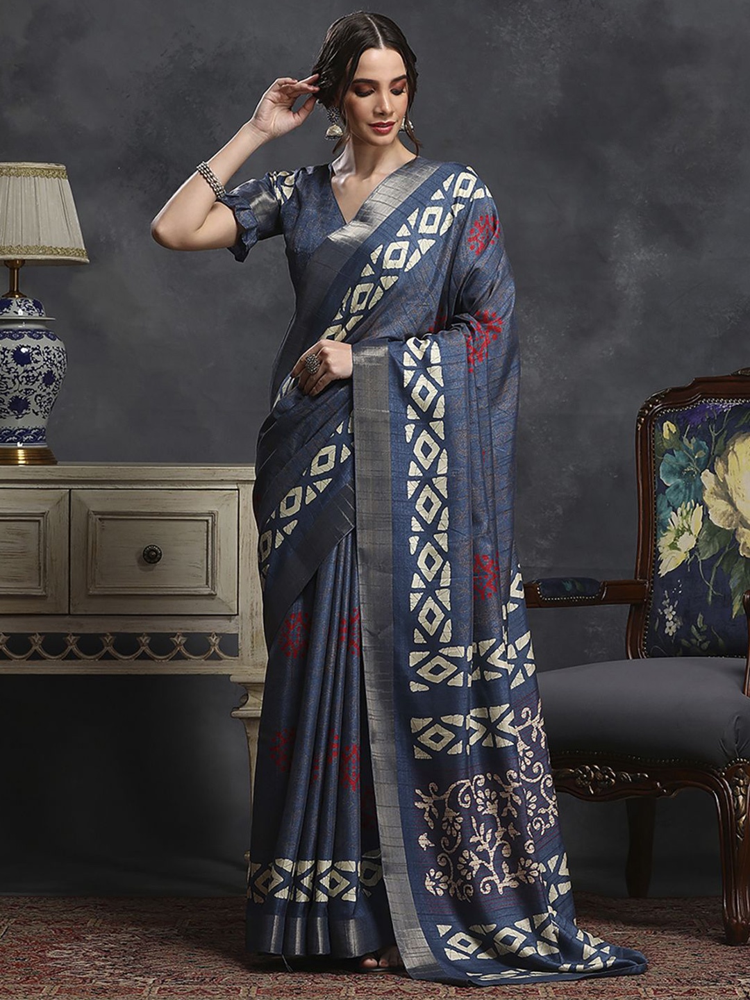 

Anouk Rustic Zari Silk Blend Sungudi Saree, Blue