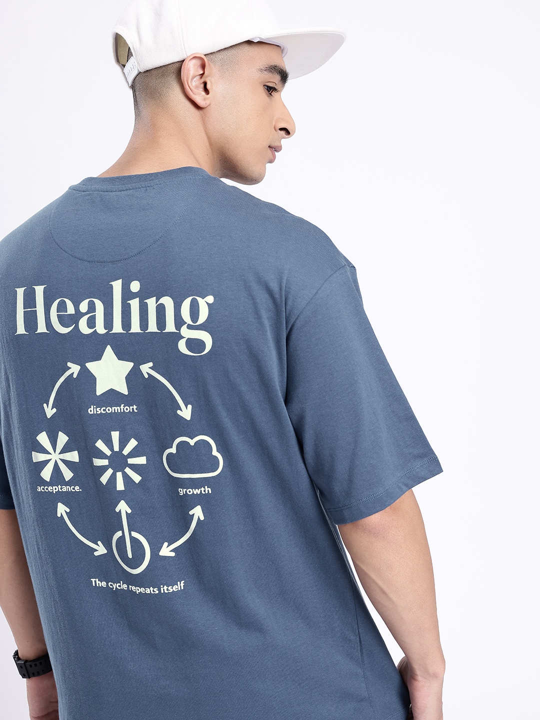 

glitchez Modern Touch Graphic Printed Oversized T-shirt, Blue