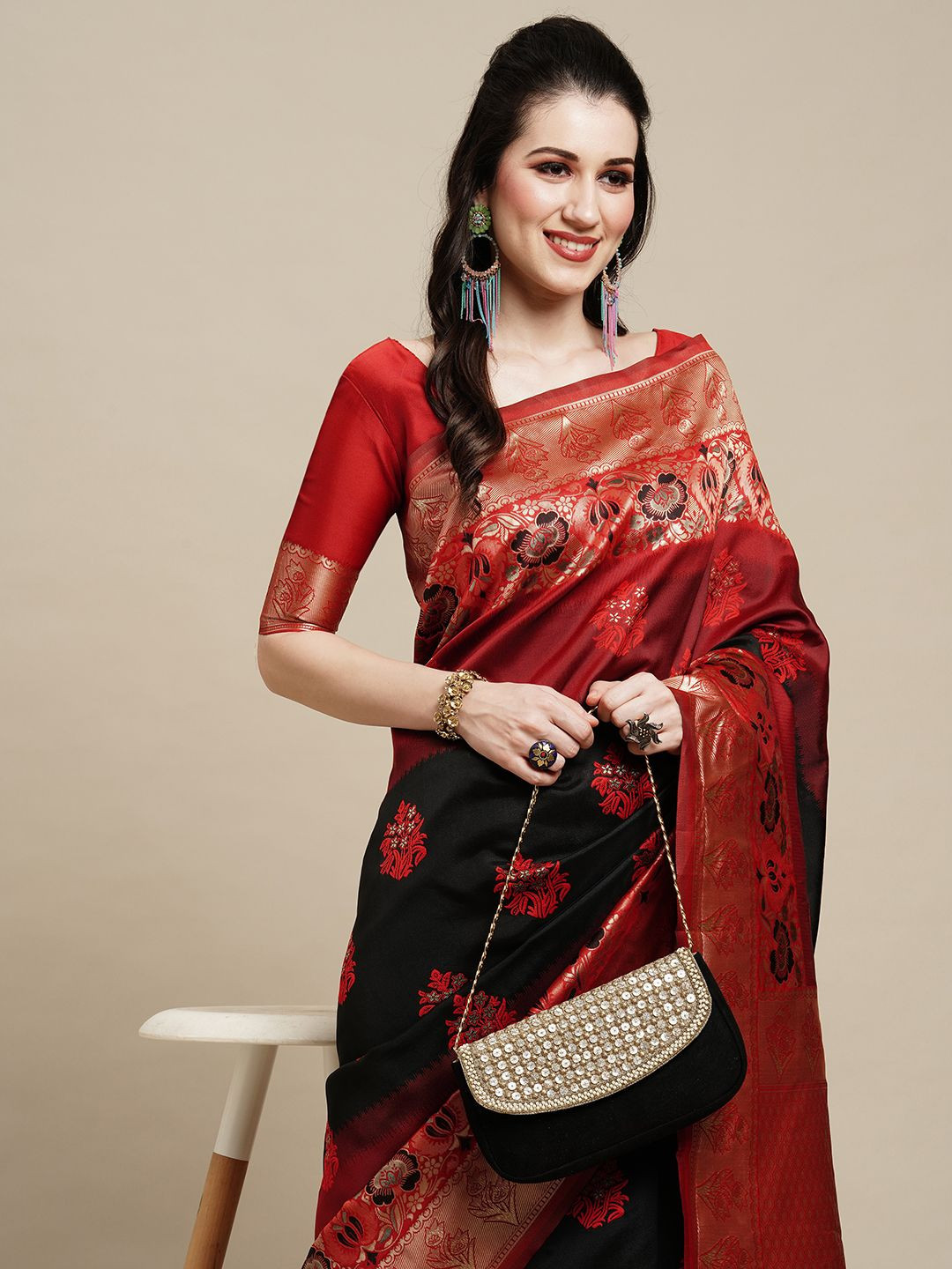

Mitera Woven Design Zari Silk Blend Kanjeevaram Saree, Black