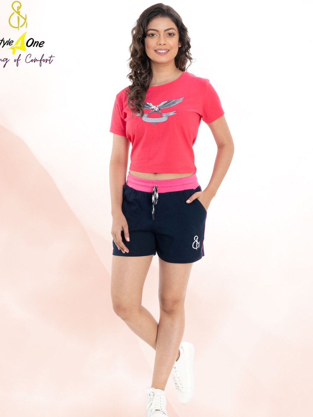 

StyleAOne Printed Pure Cotton Cotton T-Shirt With Shorts, Pink