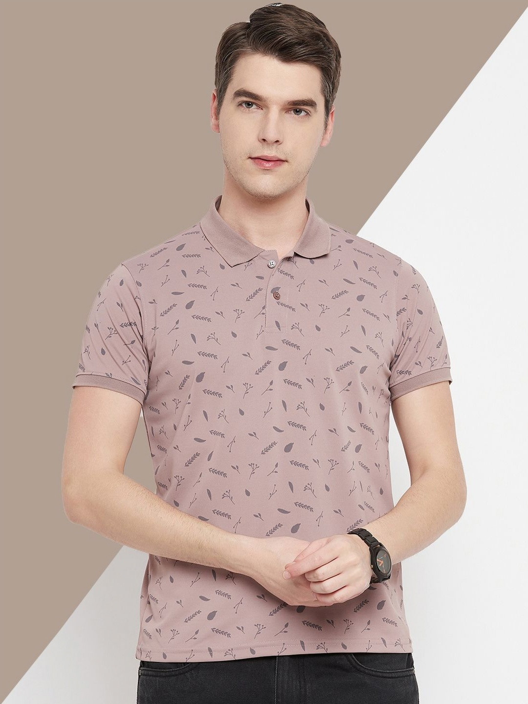 

OGEN Men Printed Polo Collar Pockets T-shirt, Rose