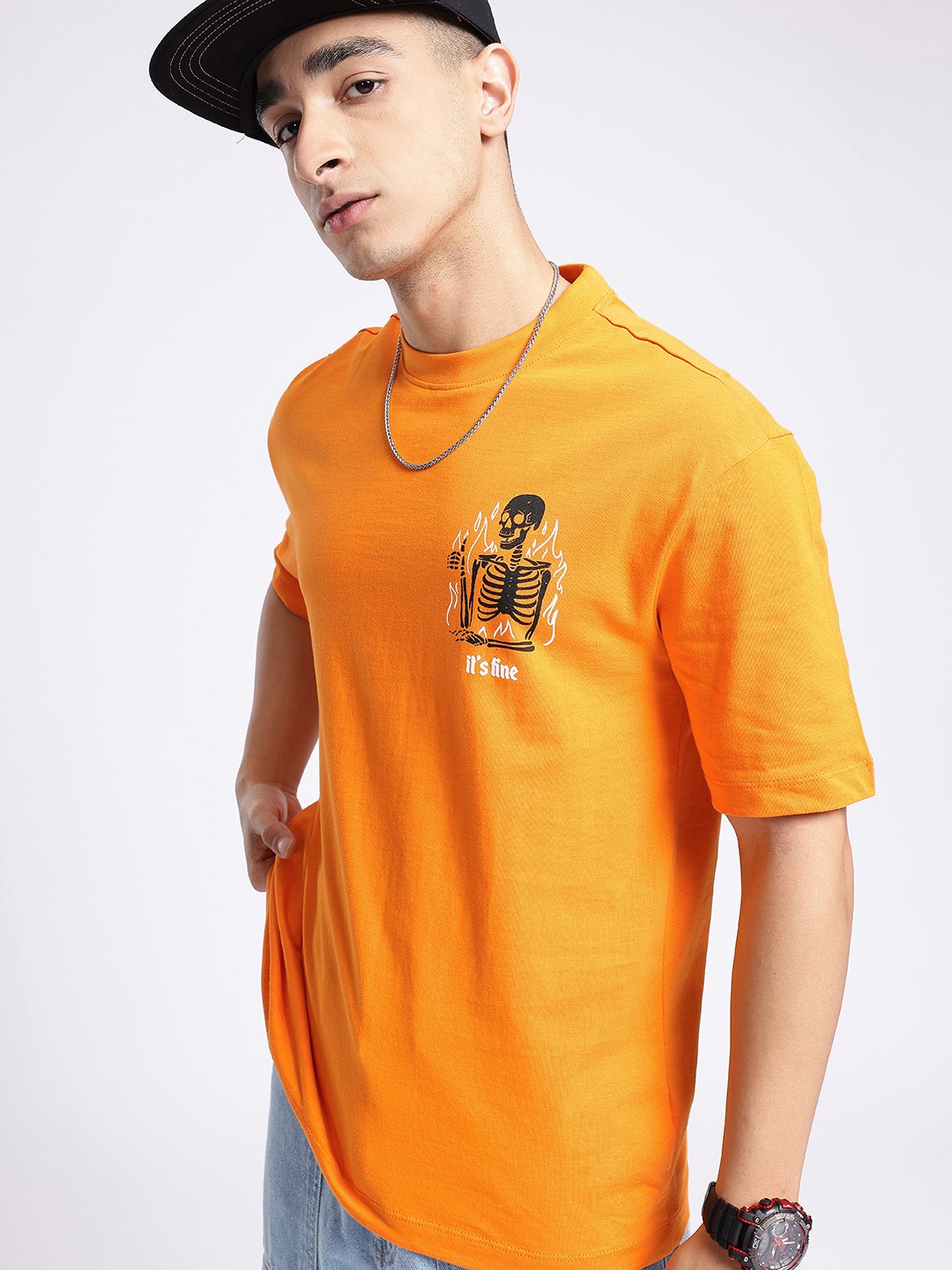 

glitchez City Cool Minimal Printed Relaxed Fit T-shirt, Orange