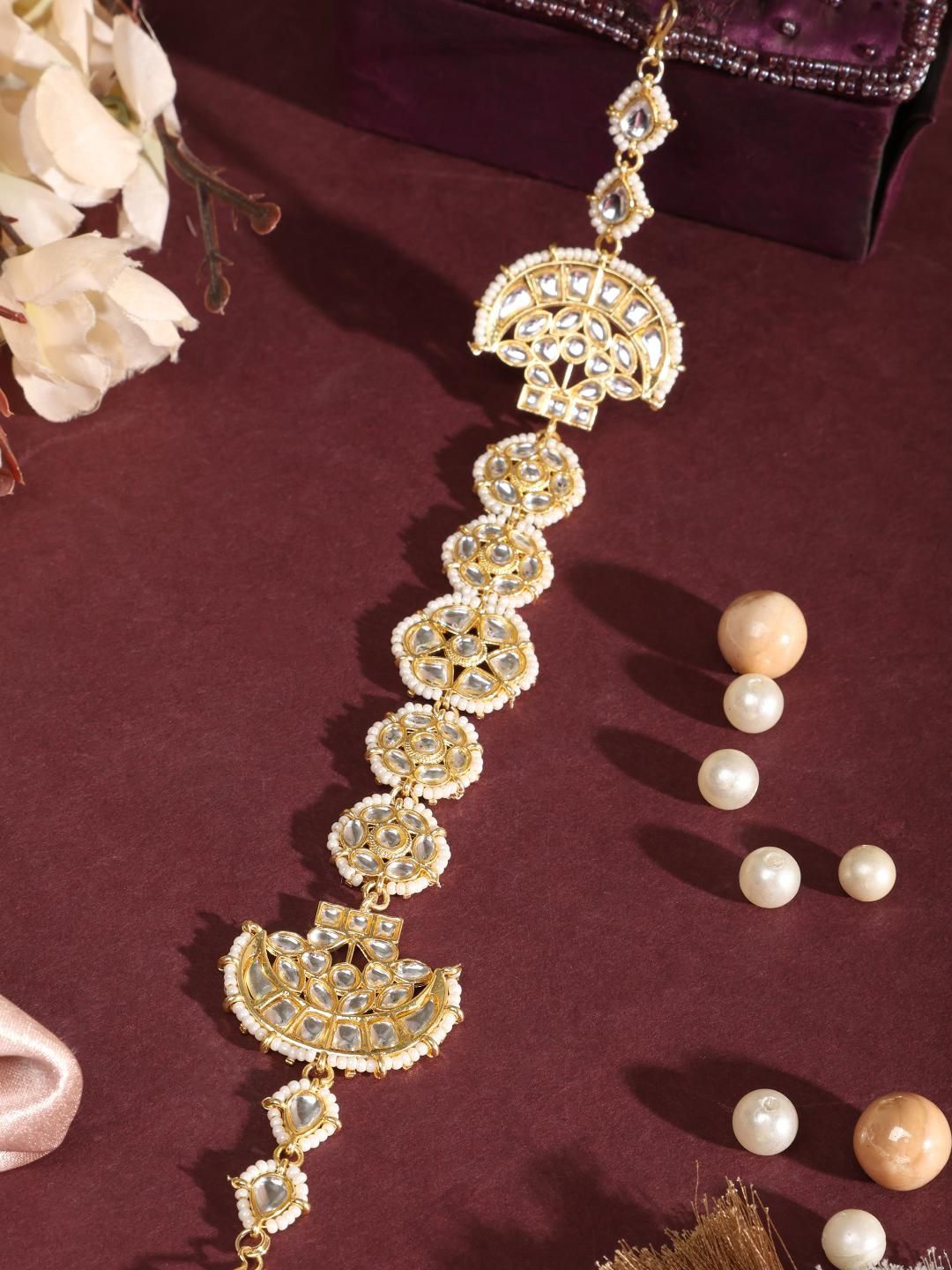 

ANIKAS CREATION Gold-Plated Kundan Studded & Pearls Beaded Sheeshphool Head Chain