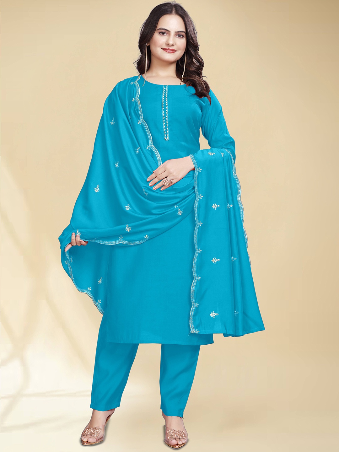 

SIDYAL Women Regular Pure Cotton Kurta with Trousers & With Dupatta, Blue