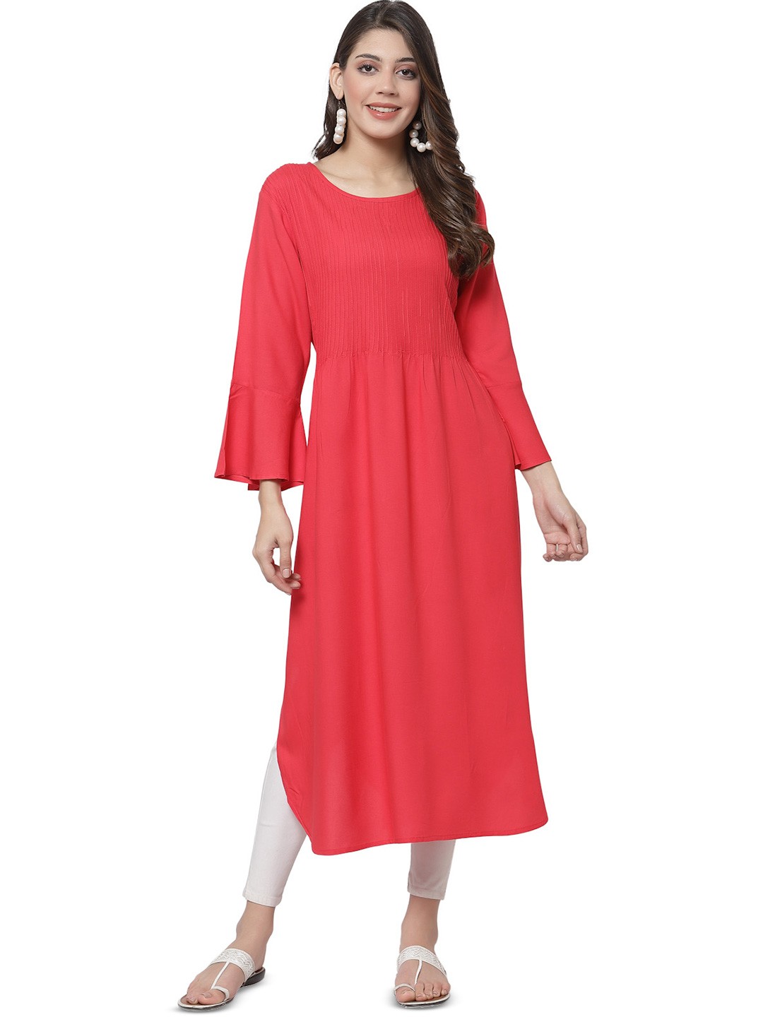 

DELIS Pin Tucks Bell Sleeves Straight Cotton Kurta, Coral