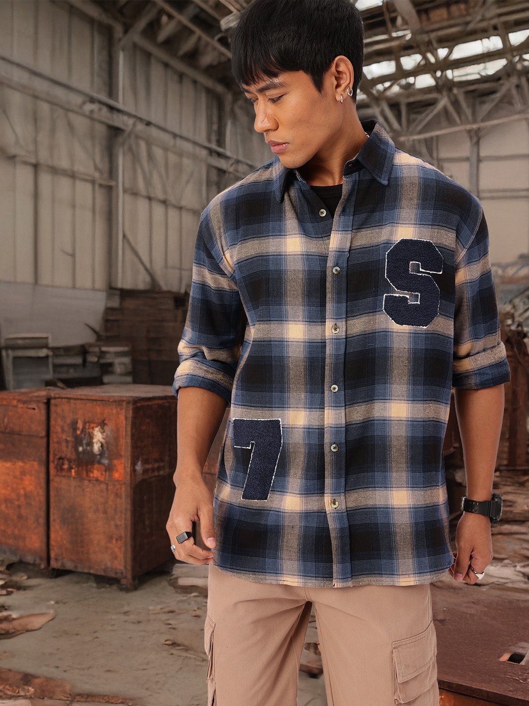

Kook N Keech Street Smart Checked Twill Relaxed Shirt, Navy blue