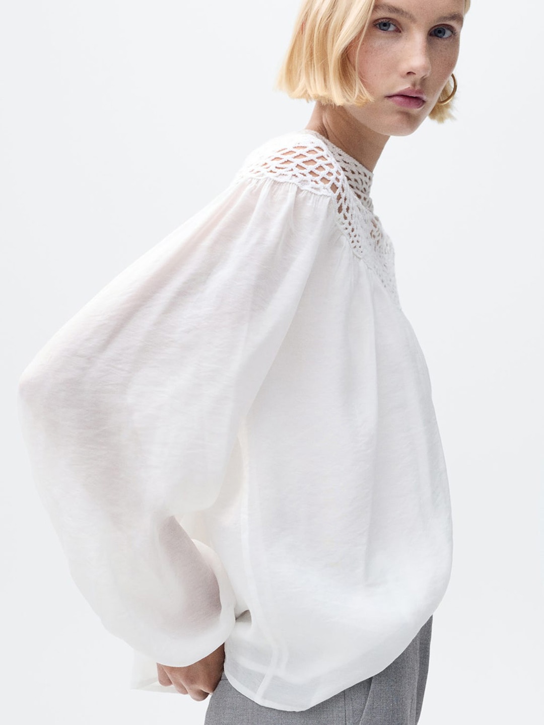 

MANGO Crochet Panel Top, White